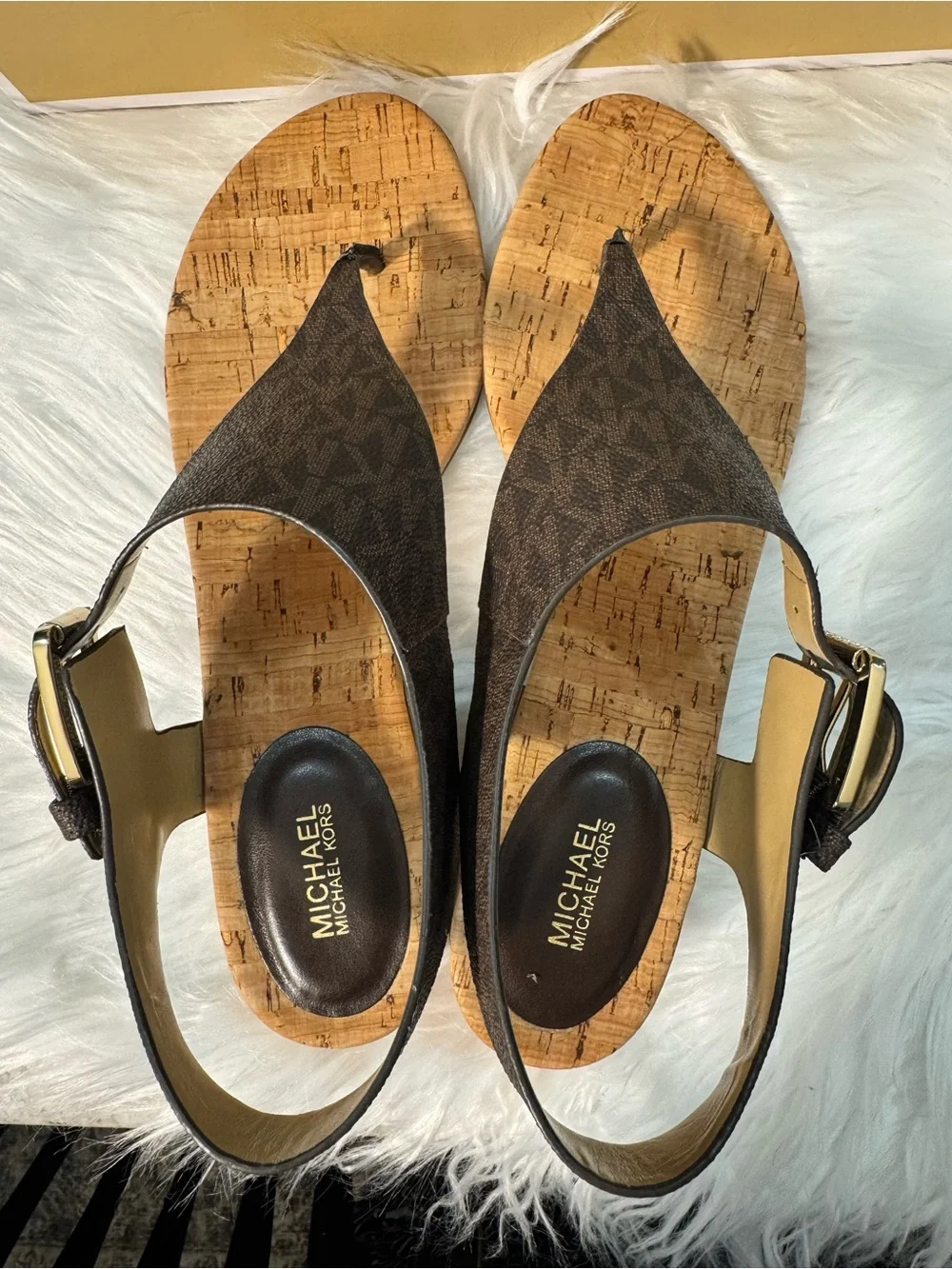 Michael Kors NEW Brown MK Logo Cork Thong Sandals with Gold Buckle